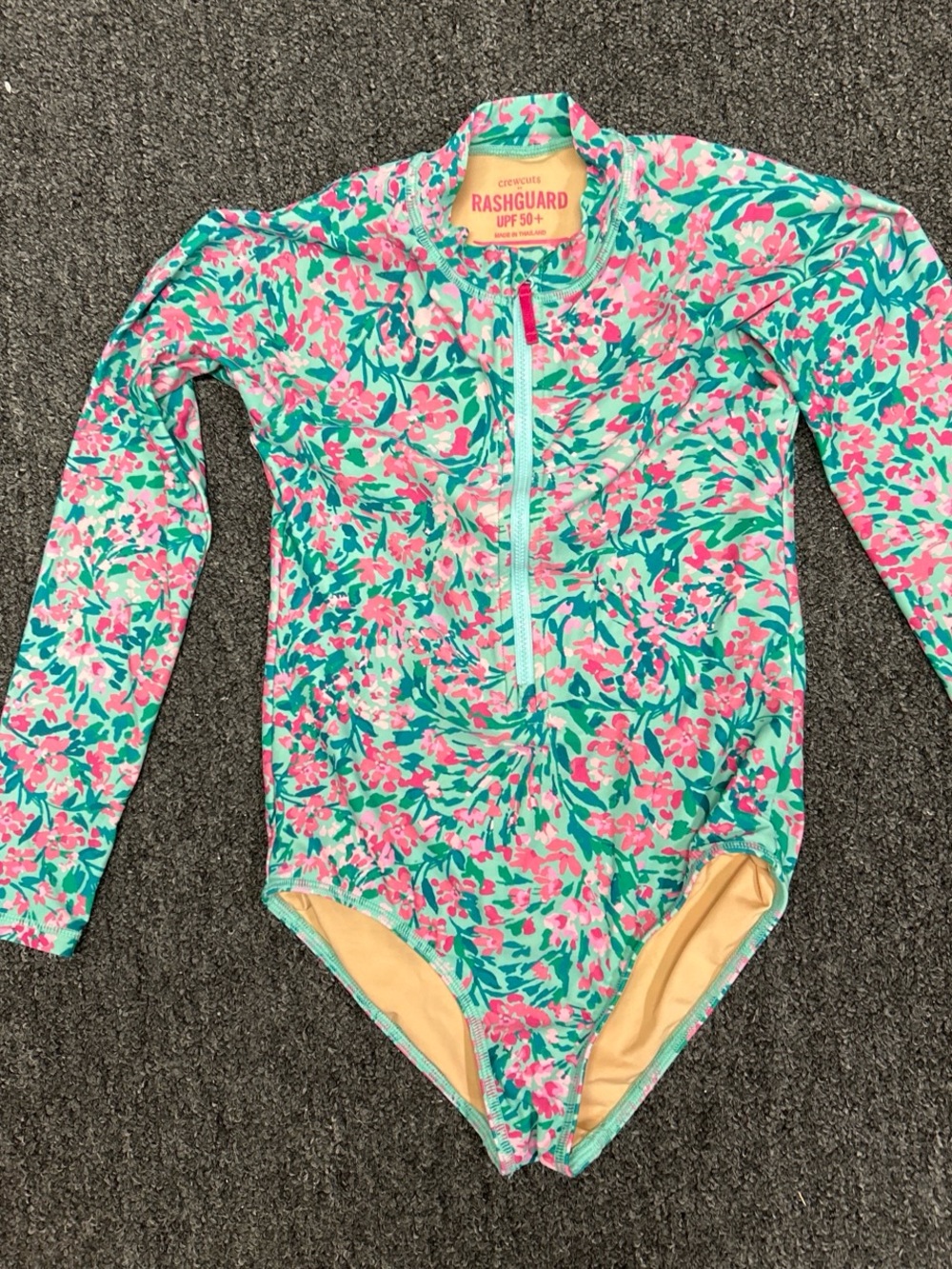 J. Crew Girls' Pink and Teal Floral Long-Sleeve One-Piece Swimsuit